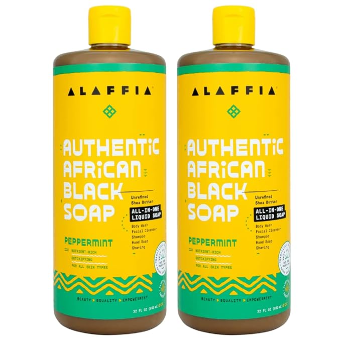 Alaffia African Black Soap Liquid, Peppermint (32 Oz) + Eucalyptus Tea Tree (2 Oz) – All-in-One Moisturizing Cleanser for Face, Hands, Body & Hair