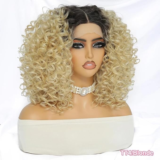 Felek 16inch Curly Lace Front Wigs Middle Part Jerry Curl Wig Blonde Color with Dark Roots T Lace Front Synthetic Pre-Plucked Deep Curly Wigs For Black Women(T4/Blonde)