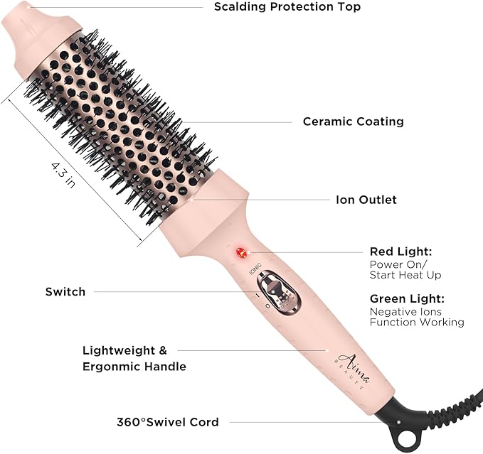 Aima Beauty Hair Curling Iron Brush, 1.5"40mm Ceramic Hot Brush with Ion Technology for Root Volume and Quick Curls - Dual Voltage & 60Mins Auto-Off, Pink