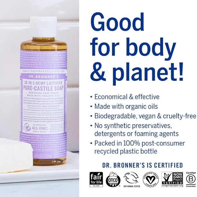 Dr. Bronner’s Pure-Castile Magic Liquid Soap (Lavender, 8 Ounce)- Made with Organic Oils, 18-in1 Uses: Face, Hair, Hand & Body Soap, Laundry, Pets- Concentrated, Vegan, Non-GMO