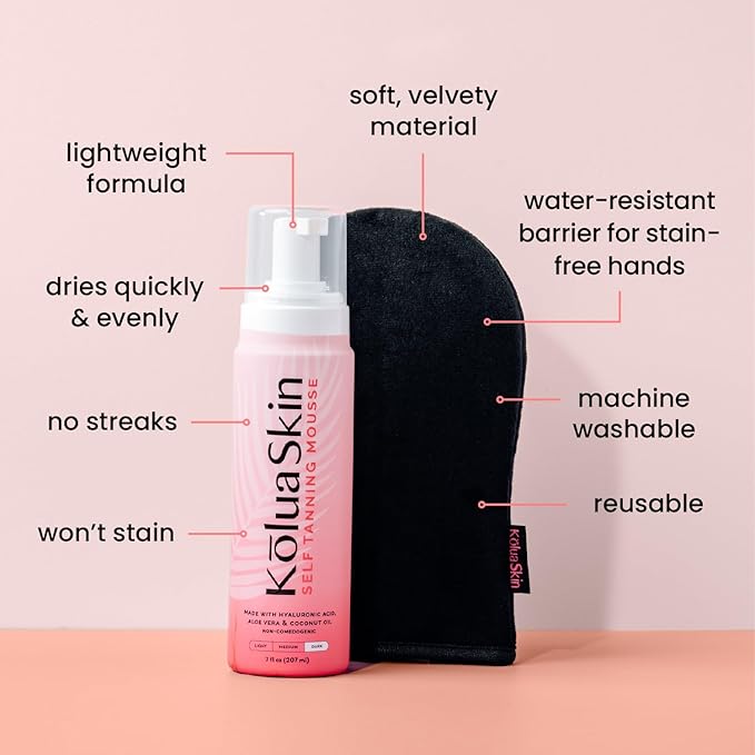 KoluaSkin by Koluawax Self Tanner Mousse (Dark) + Applicator Mitt - Natural-Looking Sunless Body Fake Tan - Dries Quickly w/No Streaks, Hydrates Skin - Dermatologist-tested for Sensitive Skin, 7oz