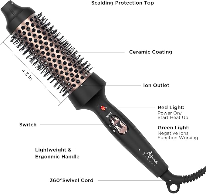 Aima Beauty Hair Curling Iron Brush, 1.5" Ceramic Hot Brush for Loose Curls, Dual Voltage & 60Mins Auto-Off, Black