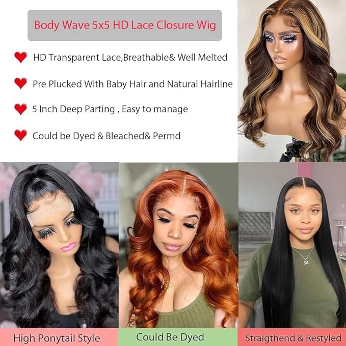 5x5 HD Lace Closure Wigs Human Hair Body Wave 5x5 Transparent Lace Front Wig for Women 150 density Lace Closure Wig Pre Plucked with Baby Hair Soft and Smooth Natural Black Color 16inch