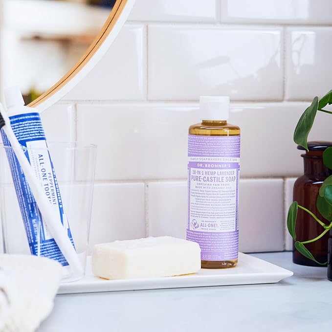 Dr. Bronner’s Pure-Castile Magic Liquid Soap (Lavender, 8 Ounce)- Made with Organic Oils, 18-in1 Uses: Face, Hair, Hand & Body Soap, Laundry, Pets- Concentrated, Vegan, Non-GMO