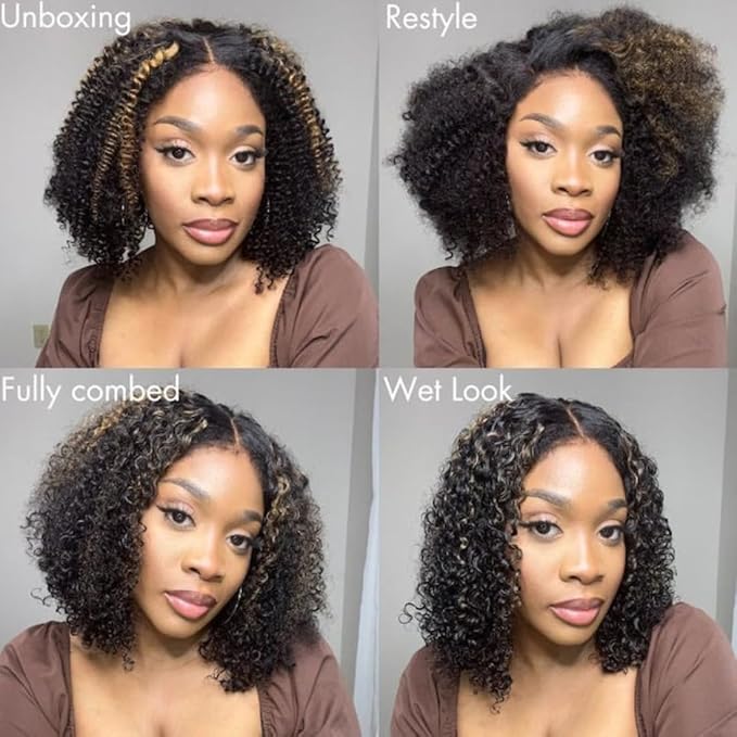 Beauty Forever 7X5 Bye Bye Knots Pre Cut Lace Balayage Black Blonde Highlights Jerry Curly Put on Go Glueless Lace Front Wig,Invisible Knots Human Hair Wigs Pre Plucked Hairline 150% Density 16 Inch