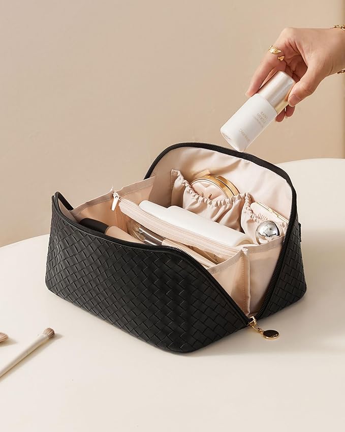 EACHY Travel Makeup Bag,Large Capacity Cosmetic Bags for Women,Waterproof Portable Pouch Open Flat Toiletry Bag Make up Organizer with Divider and Handle