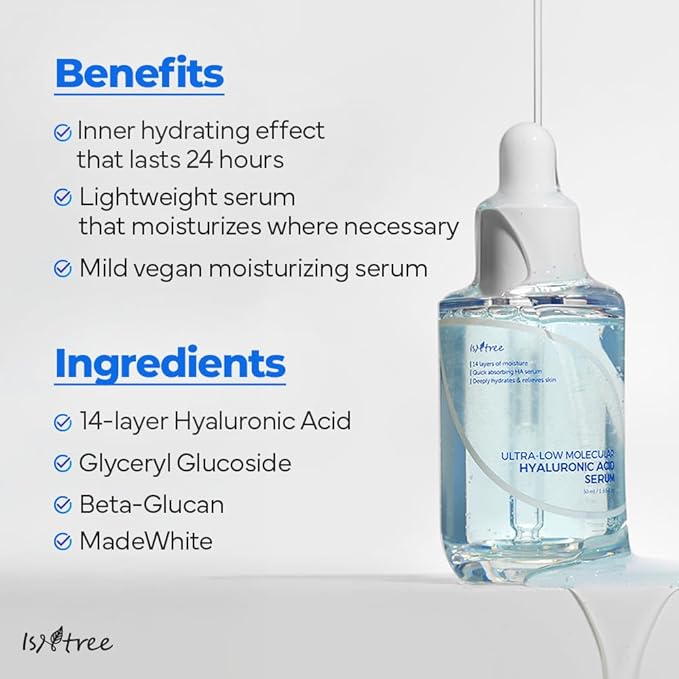 ISNTREE Ultra-low Molecular Hyaluronic Acid Serum 50ml, 1.69 fl.oz | Korean Skincare | Quick Absorbing | Deep Hydration & Skin Smoothing | Vegan Skincare