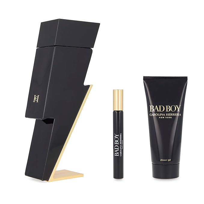 Carolina Herrera Bad Boy 3-Piece Set for Men, (3.4 Oz Eau De Toilette Spray + 3.4 Oz Shower Gel + 0.33 Oz Travel Spray)