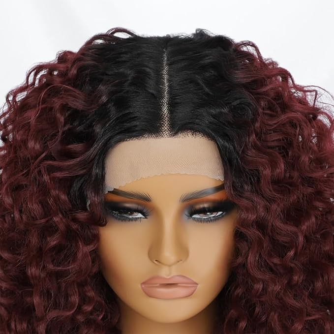 Felek 16inch Curly Lace Front Wigs Middle Part Jerry Curl Wig Ombre Burgundy Color T Lace Front Curly Synthetic Pre-Plucked Deep Curly Wigs For Black Women(T1B/BUG)