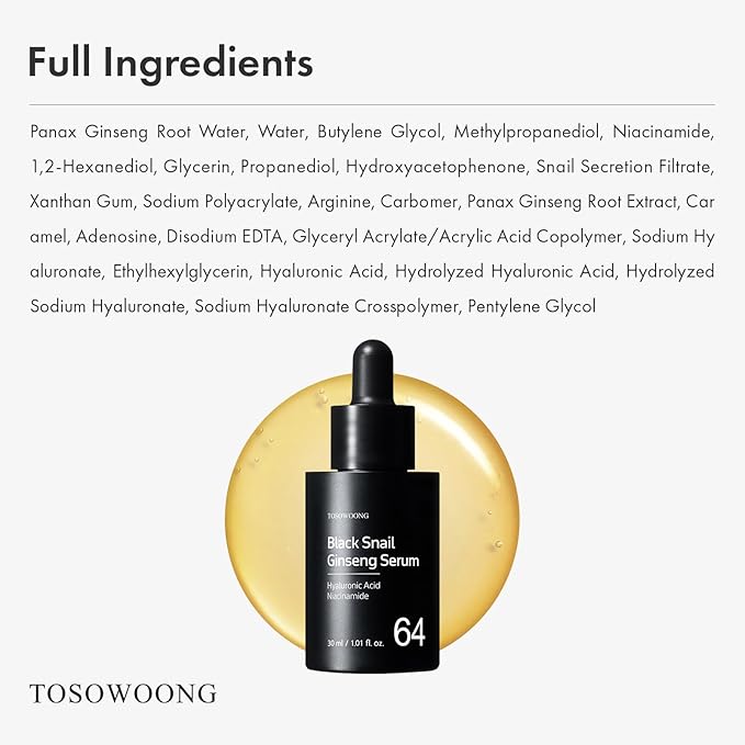 Black Snail Ginseng Serum, Ginseng 640,430ppm, Snail Mucin, Hydrating Facial Moisturizer, Acne Scar Remover, Self Care, Glow Skin Under Makeup, Korean Skin Care, 30ml, 1.01 fl. oz.