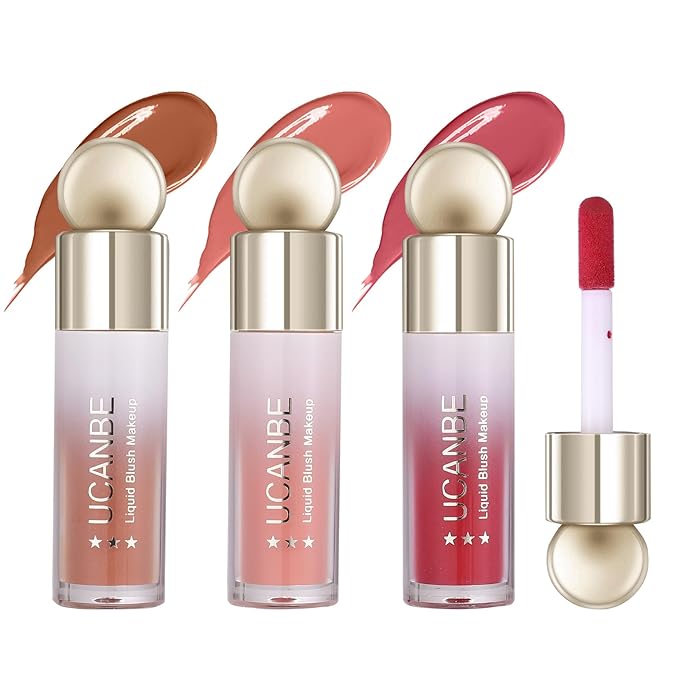 UCANBE 3PCS Liquid Blush Set – Dewy Cream Blush Makeup for Cheeks – Lightweight Long Lasting Blendable Buildable Formula for Natural Flush(Berry Smooch, Bronze Rose, Peach Pink)