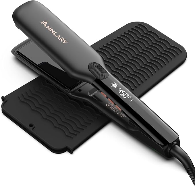 1.75 Inch Flat Iron Hair Straightener with Resistant Silicone Mat Pouch, Professional Ceramic Ionic Dual Voltage Straightener with Anti-Iron Silicone for Less Frizz, Shinier & Smoother Hair