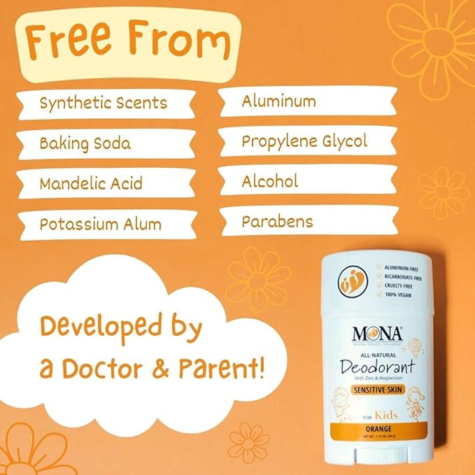 MONA BRANDS 100% Natural Kids Deodrant for Boys and Girls | Safe Deodorant for Kids | No Baking Soda, Aluminum or Synthetic Scents | Hypoallergenic (ORANGE 1.76 Oz)