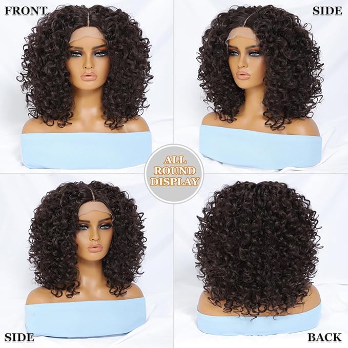 Felek 16inch Curly Lace Front Wigs Middle Part Jerry Curl Wig T Lace Front Curly Glueless Synthetic Pre-Plucked Afro Curly Lace Wigs For Black Women(#4)