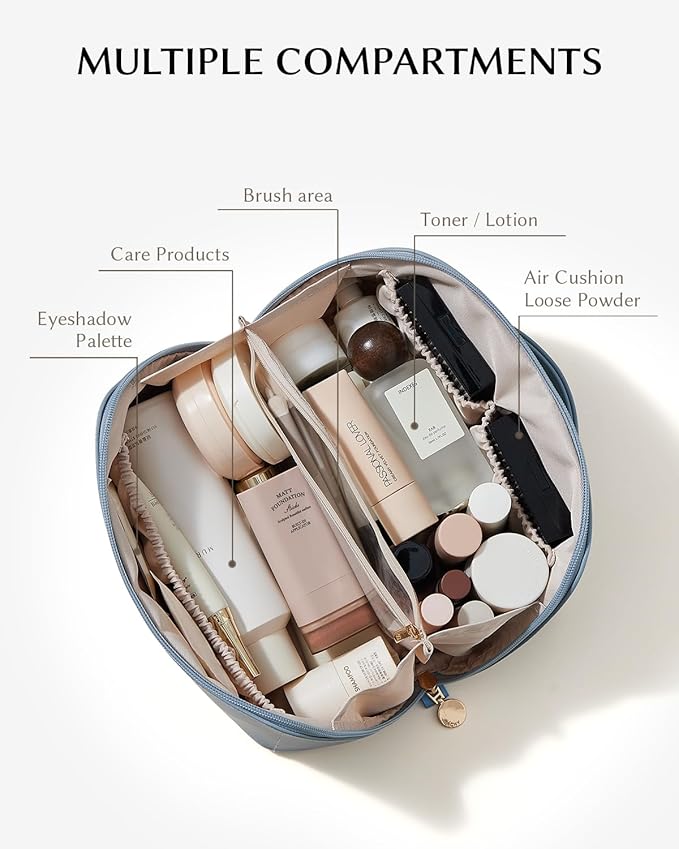 EACHY Travel Makeup Bag,Large Capacity Cosmetic Bags for Women,Waterproof Portable Pouch Open Flat Toiletry Bag Make up Organizer with Divider and Handle