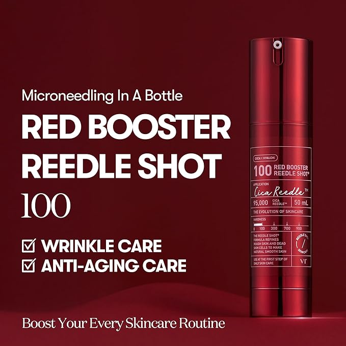 VT COSMETICS Red Booster Reedle Shot 100, Microneedling Serum with Dragon’s Blood, Exosome, Soothing Relief Serum for Irritated, and Sun-Stressed Skin & Hair, Korean Skincare 1.69 fl oz (50ml)