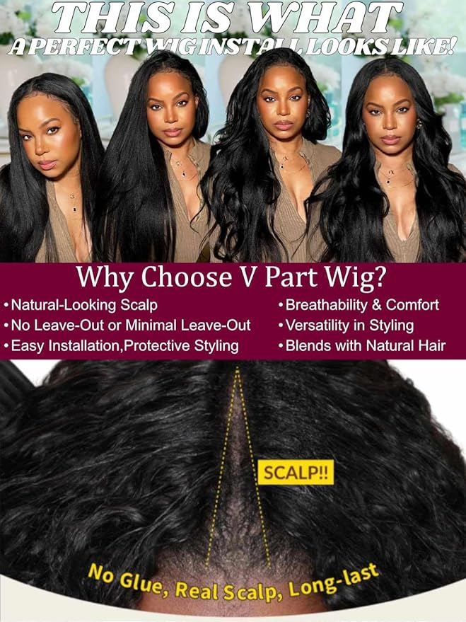 Beauty Forever V Part Wig Human Hair Yaki Straight EasiContour Vpart Wigs No Leave Out Glueless Upgraded Kinky U Part Wigs for Women Beginner Friendly Natural Color 180% Density 18inch