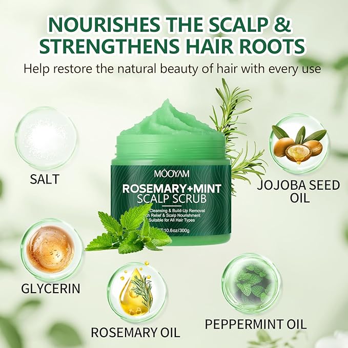 Scalp Scrub with Rosemary & Mint, 2-in-1 Exfoliating Shampoo for Hair Treatment, Includes Silicone Scalp Massager, Removes Buildup & Dandruff, 10.6oz
