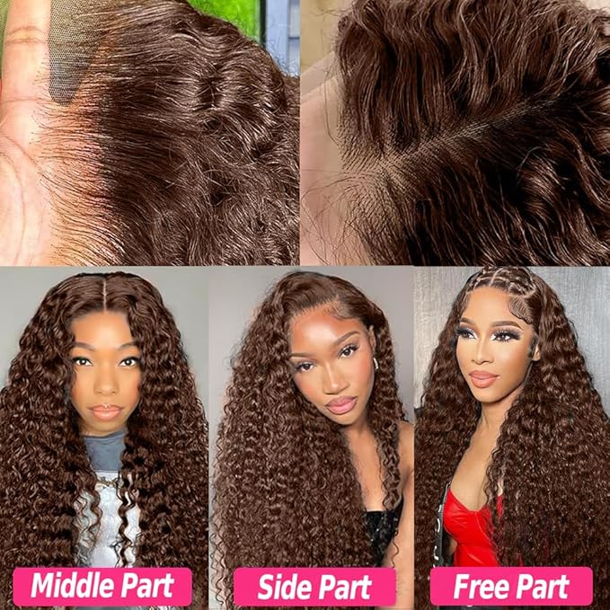 CHEETAHBEAUTY #4 Chocolate Brown Deep Wave 13X6 HD Transparent Lace Front Wigs Brazilian 10A Grade Deep Curly Human Hair Wigs for Black Women Pre Plucked with Baby Hair 250% Density(16inch)