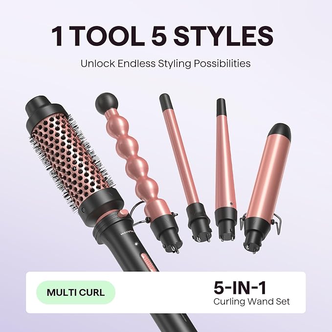 Wavytalk 5 in 1 Curling Wand Set, Multi Curl, Curling Wand Set with Curling Brush and 4 Interchangeable Ceramic Curling Wand(0.5”-1.25”), Instant Heat Up Wand Curling Iron (Rose Gold)