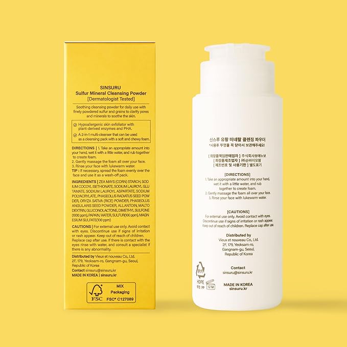 Sulfur Mineral Cleansing Powder, Exfoliating Facial Wash with Enzymes and PHA for pores and blackheads, Even Skin Tone, Radiant, Sensitive, Acne-Prone Skin, Korean Skincare(1.76 oz. 50g)