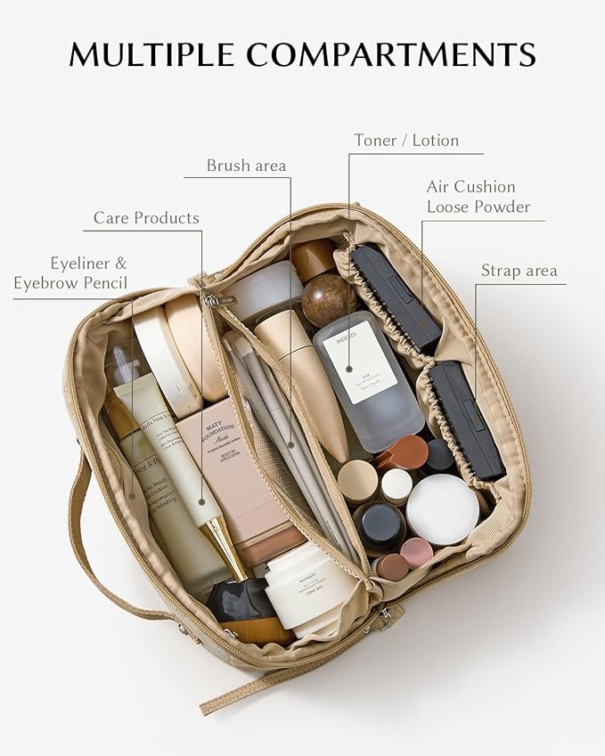 EACHY Travel Makeup Bag,Large Capacity Cosmetic Bags for Women,Waterproof Portable Pouch Open Flat Toiletry Bag Make up Organizer with Divider and Handle
