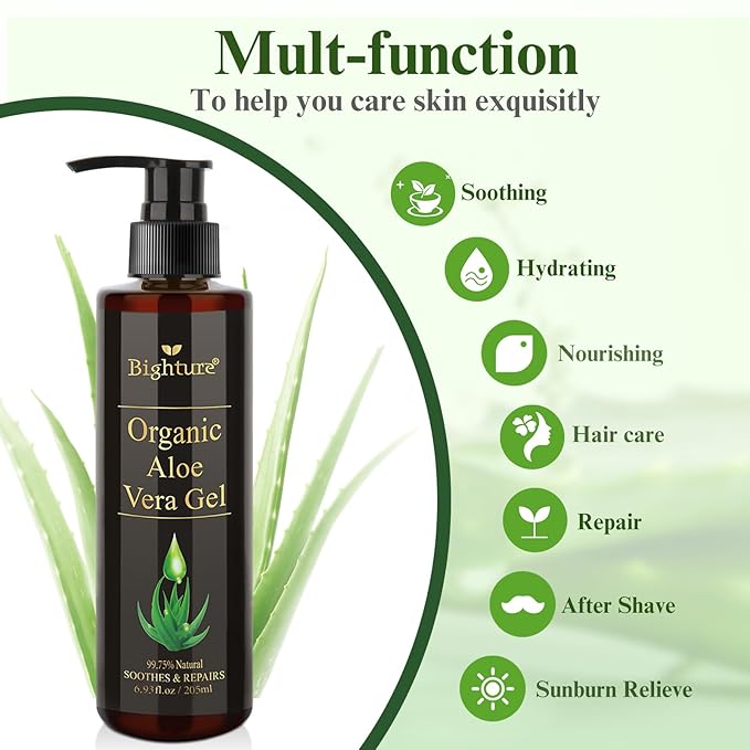Aloe Vera Gel Infused with Tea Tree Oil for Skin Hydrating, Repair Skin, Organic Aloe Vera Gel Extract from Fresh Pure Aloe Vera for Sunburn Relief, Hair, Razor- 6.76 Fl Oz