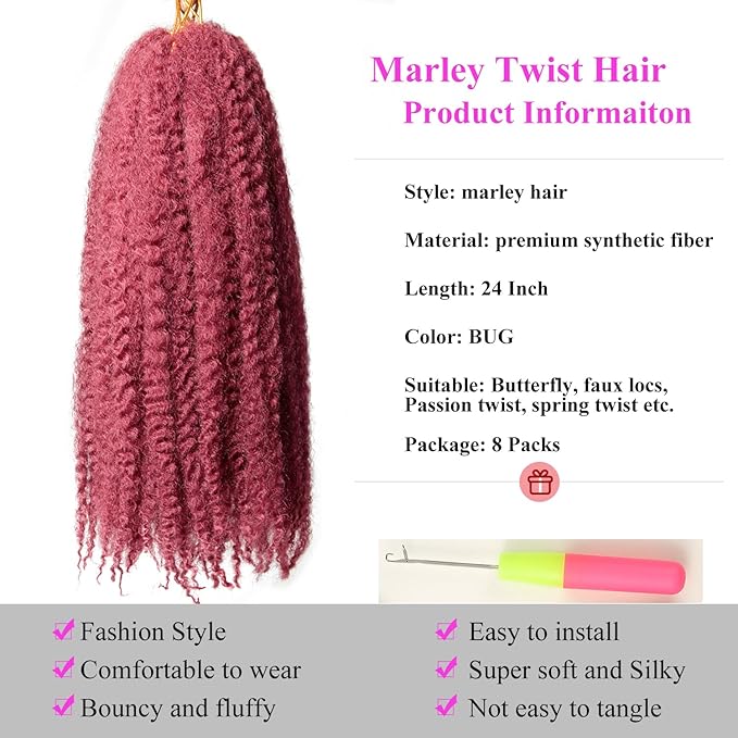 Marley Twist Braiding Hair 24 Inch 8 Packs โ Fluffy&Tangle-Free Cuban Twist Hair for Braiding, Natural Look Synthetic Long-Lasting Spring Afro Kinky Twist Hair Extensions (118=BUG)