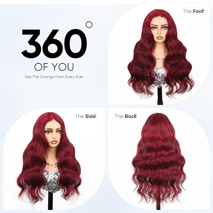 99j Burgundy Lace Front Wigs Human Hair,13x6 HD Body Wave Burgundy Lace Frontal Wigs Human Hair Pre Plucked with Baby Hair,210% Density Colored Wine Red Wig Human Hair for Women 28 Inch