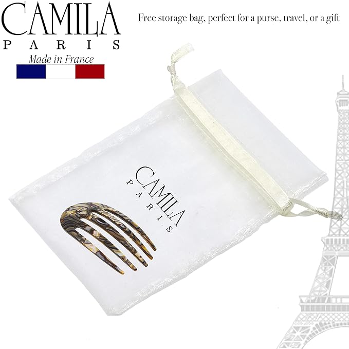 Camila Paris CP3399 French Hair Side Comb Small Rounded, Onyx, Handmade French Twist Hair Combs, Strong Hold Hair Clips for Women Bun Chignon, No Slip Styling Girls Hair Accessories Made in France