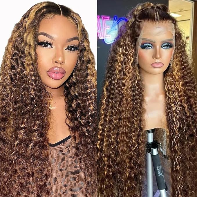 CHEETAHBEAUTY #4/27 Ombre Highlight Deep Wave 13X6 HD Transparent Lace Front Wigs Brazilian Deep Curly Human Hair Wigs for Black Women Pre Plucked with Baby Hair 250% Density(22inch)