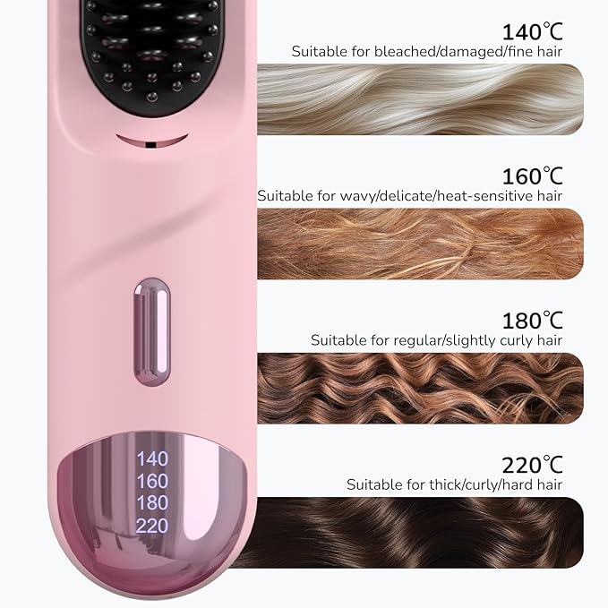 Cordless Hair Straightener Brush 300 Million Negative Ionic Portable Hair Straightener Comb for Women with 4 Temps Fast Heating MCH Ceramic Coating Smooth Frizz - Free Hair Pink