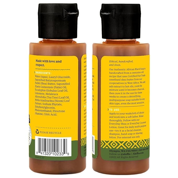 Alaffia Authentic African Black Soap Variety 2-Pack – All-In-One Liquid Soap, Travel-Size Eucalyptus Tea Tree + Full-Size Peppermint Body Wash, Face Wash, Shampoo, Shaving Soap