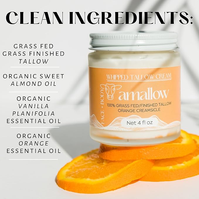 100% Grass Fed Beef Tallow for Skin Care - Face + Body - Whipped Moisturizer - Natural Lotion, 4 FL. oz. (Orange Creamsicle)