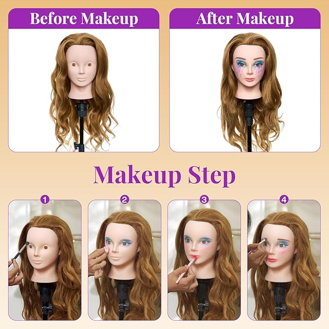 Neverland Beauty Mannequin Head with 80% Real Human Hair with Tripod Stand, 26 Inch Makeup Hairdressing Training Head Braiding Mannequin Head Manikin Styling Head Cosmetology Practice Doll Head