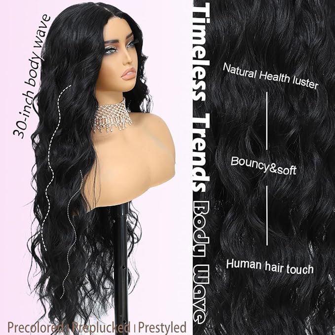 Synthetic Lace Front Wig 30Inch Long Wavy Natural Balck Pre Plucked Ready to Wear 4x1 Glueless Body Wave Wig for Black Women Heat Resistant Fiber Synthetic Hair