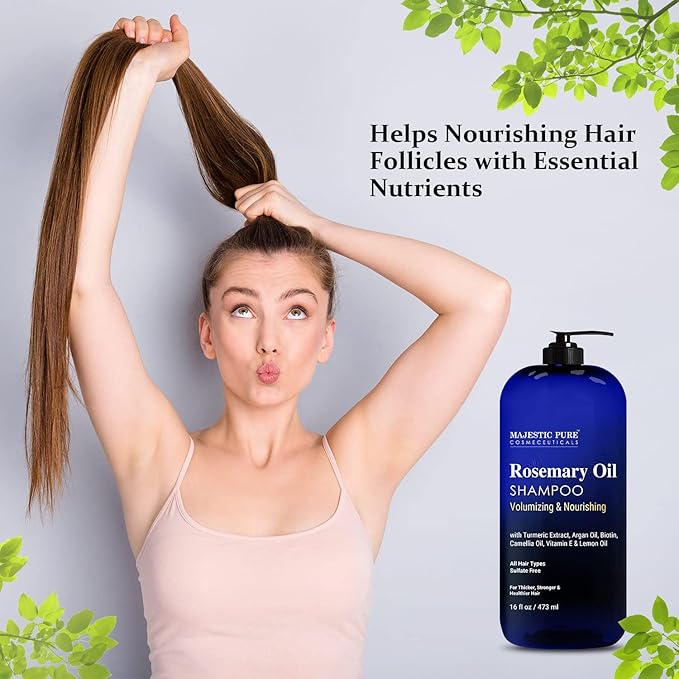 Majestic Pure Rosemary Oil Shampoo for Hair Growth - Volumizing & Nourishing Shampoo - with Vitamin E & Argan Oil - Sulfate Free, for Men & Women - 16 fl oz
