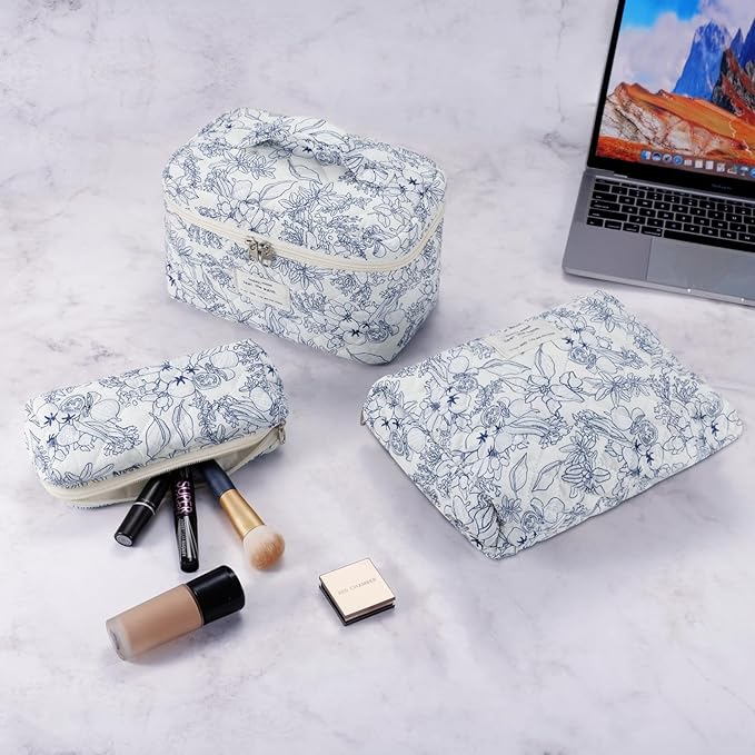 Makeup Bag, 3 Pcs Cotton Floral Quilted Makeup Bag Set, Large Toiletry Travel Cosmetic Bag for Women