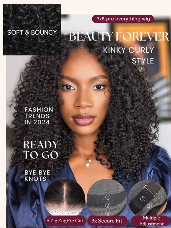 Beauty Forever 7X5 Bye Bye Knots Wear and Go Kinky Curly Wigs Precut Lace Front Wig Human Hair Glueless Wig,Put on and Go Beginner Wigs 150% Density Natural Color 18 Inch