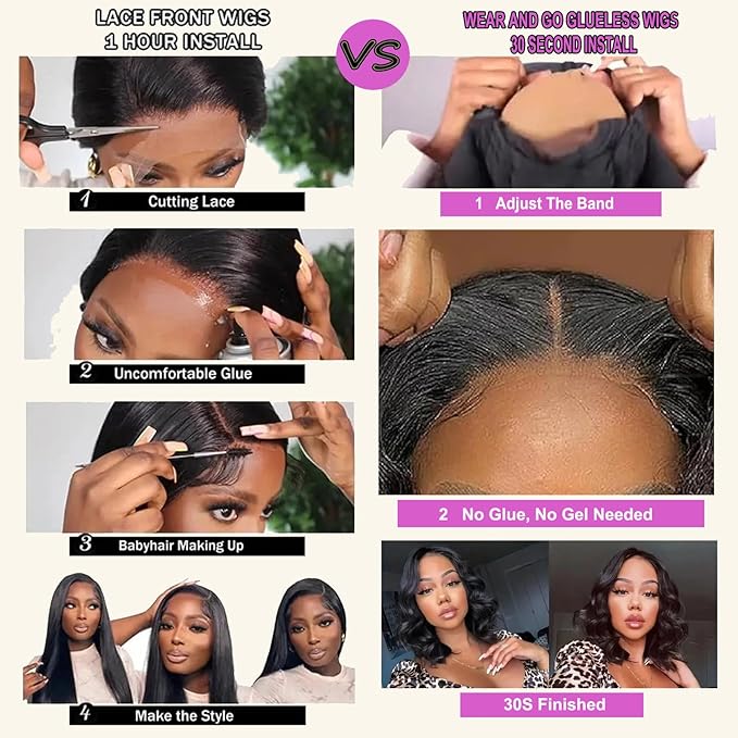 Glueless Bob Wigs Human Hair 180% Density Wear and Go Glueless Wigs Pre Plucked Pre Cut 4x4 Closure Wigs Body Wave Human Hair Wig 10 Inch