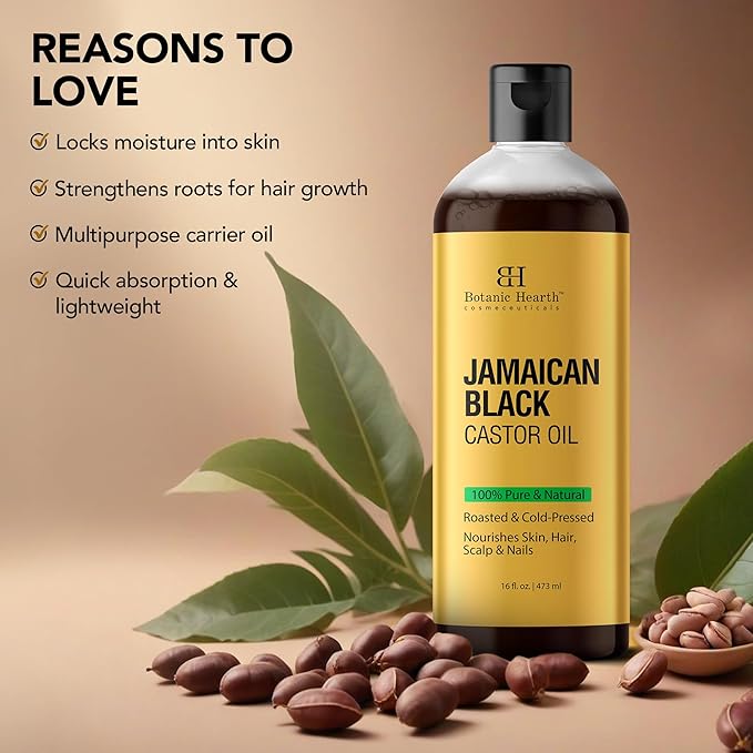 Botanic Hearth Jamaican Black Castor Oil (16 fl oz) | Roasted & Cold-Pressed | Promotes Hair Growth & Natural Skin Care | Ideal for Massage, Scalp, Hair & Nails