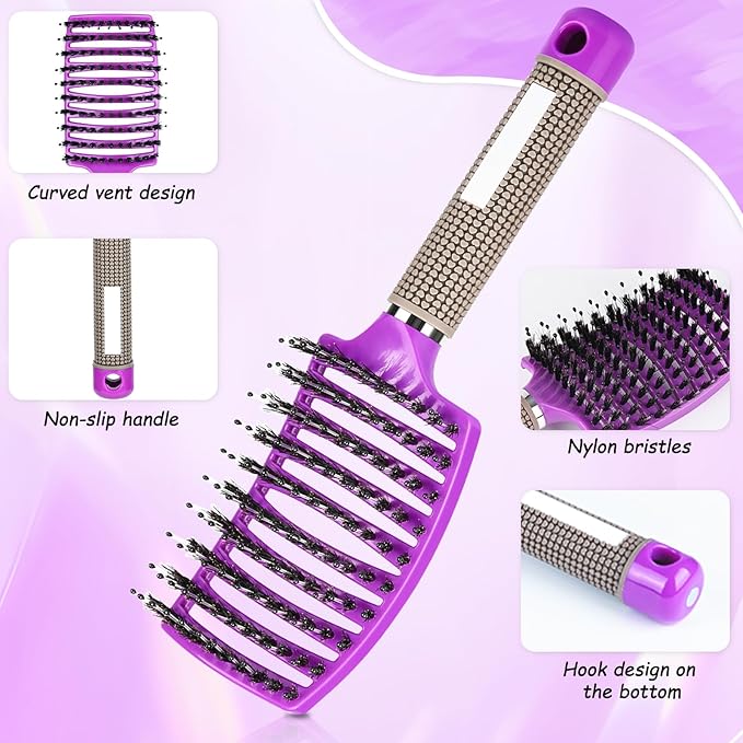 Wet Hair Detangling Brush for Blow Drying,Hair Detangler Brush for Women and Kids ,Boar Bristle Hair Brushes for Women Detangler 2 PACK(PINK+PURPLE)