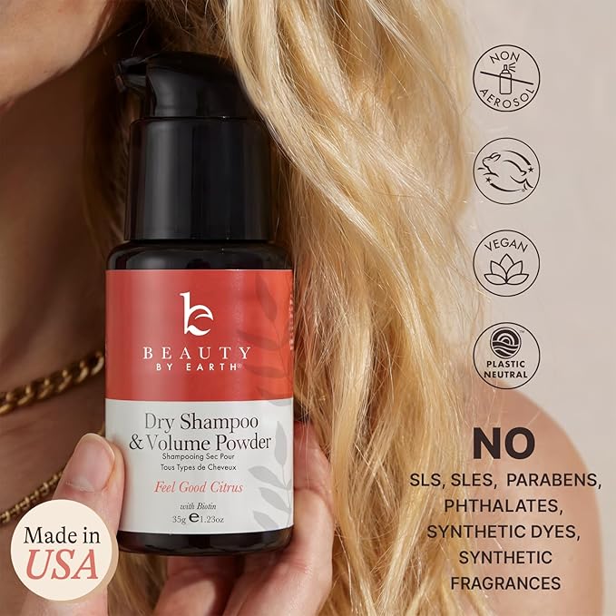 Beauty by Earth Dry Shampoo Powder Spray for Women & Men, Non Aerosol Volumizing & Clarifying Powder, USA Made with Clean Ingredients & Biotin for Light and Dark Hair - Travel Size Friendly