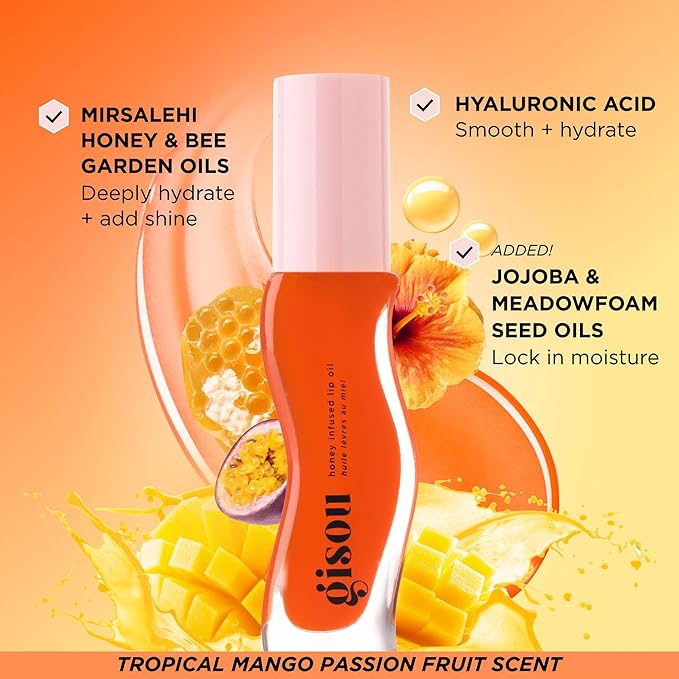 Gisou Honey Infused Hydrating Lip Oil, Nourishing Lip Moisturizer for Dry Lips, High Shine, Smooth Finish, Sheer Hot Coral Shade, Tropical Mango Passion Fruit Scent, Mango Passion Punch, 8ml