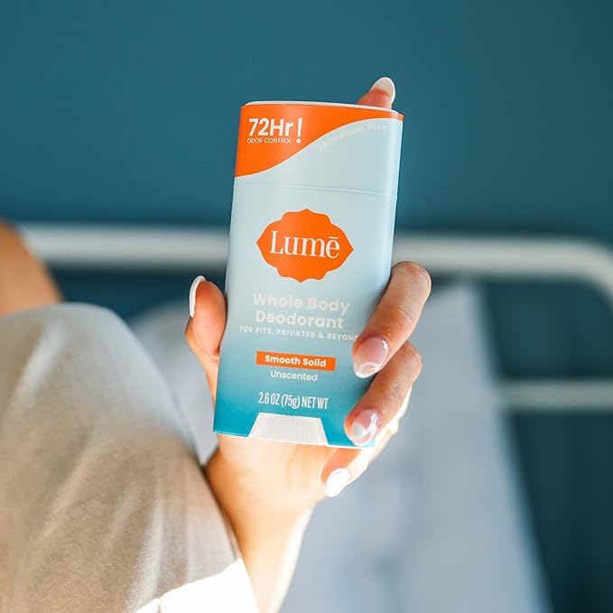 Lume Whole Body Deodorant - Smooth Solid Stick - 72 Hour Odor Control - Aluminum Free, Baking Soda Free and Skin Loving - 2.6 Ounce (Pack of 3) (Unscented)