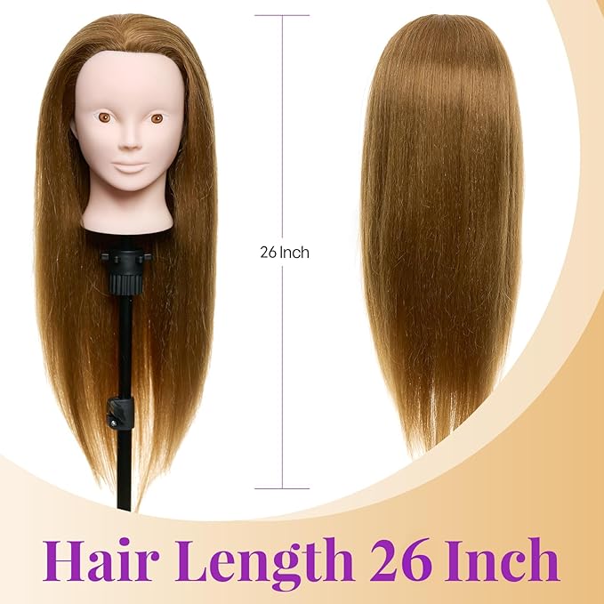 Neverland Beauty Mannequin Head with 80% Real Human Hair with Tripod Stand, 26 Inch Makeup Hairdressing Training Head Braiding Mannequin Head Manikin Styling Head Cosmetology Practice Doll Head