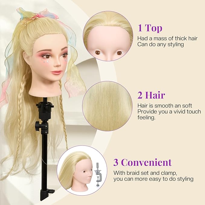 Neverland Beauty Mannequin Head with 50% Real Human Hair, 24 Inch Makeup Cosmetology Manikin Practice Head with Hair, Braiding Hairdressing Doll Head for Hair Styling with False Eyelashes