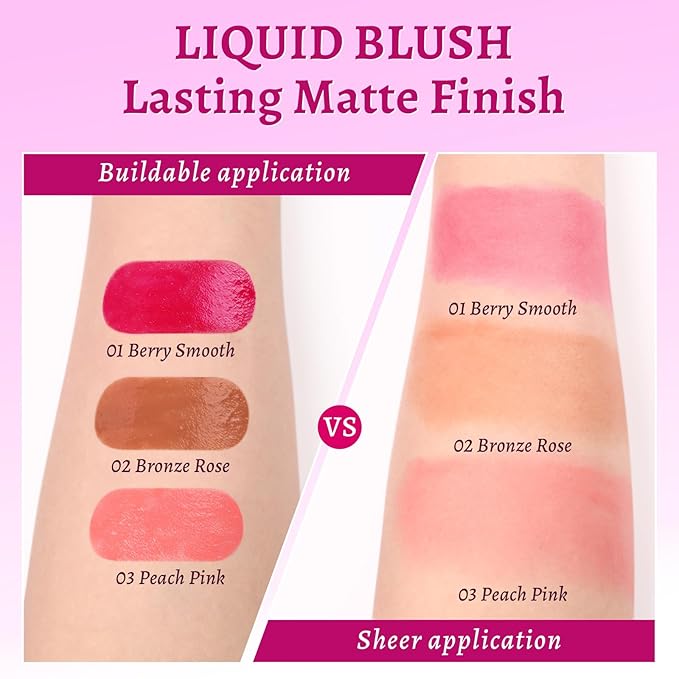 UCANBE 3PCS Liquid Blush Set – Dewy Cream Blush Makeup for Cheeks – Lightweight Long Lasting Blendable Buildable Formula for Natural Flush(Berry Smooch, Bronze Rose, Peach Pink)