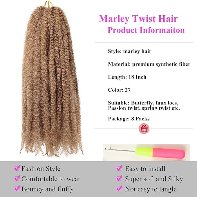 Marley Twist Braiding Hair 18 Inch 8 Packs โ Long-Lasting Marley Hair, Fluffy&Tangle-Free Cuban Twist Hair for Braiding, Natural Look Synthetic Spring Afro Kinky Twist Hair Extensions (27)