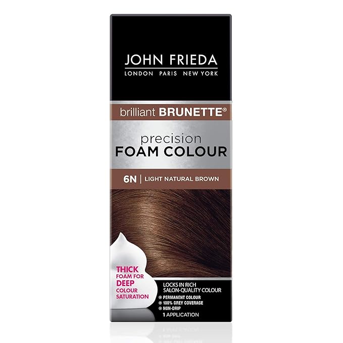 John Frieda Precision Foam Colour, Light Natural Brown 6N, Full-Coverage Hair Color Kit, Anti-Fade Gray Coverage, Deep Color Saturation Hair Dye, 1 Application